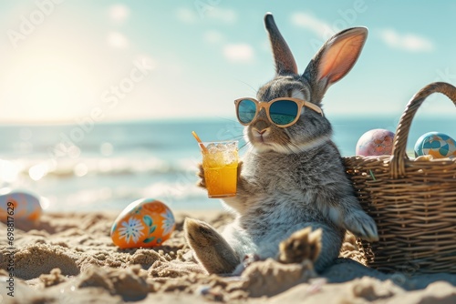 Cool Easter bunny on vacation on the beach with a cocktail. photo