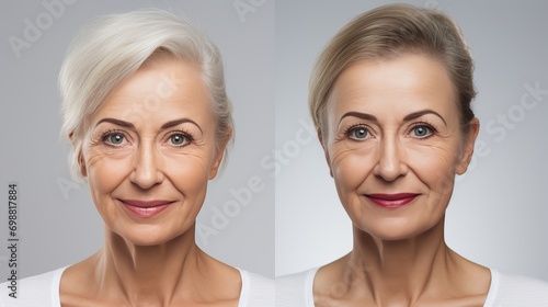 Youth and aging transformation  before and after portrait of woman s skin rejuvenation. photo