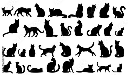 Vector illustration. Silhouettes of black cats. Set of animal stickers. Large set.
