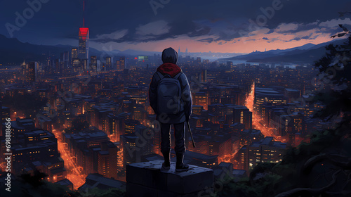 A traveler's silhouette against the backdrop of a vibrant cityscape at twilight
