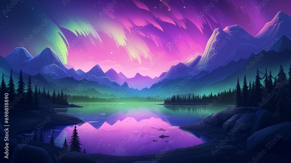 A lake with mountains and aurora lights