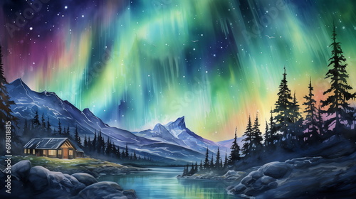 A painting of a northern lights over a river