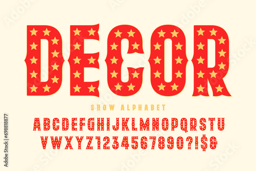 Retro circus alphabet design, cabaret, LED lamps letters and numbers.