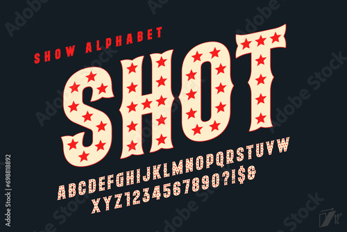 Retro circus alphabet design, cabaret, LED lamps letters and numbers.