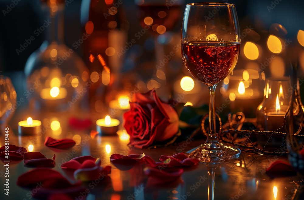 Romantic Valentine's table setting with a glass of wine, a rose, and candles. The table is adorned with rose petals, and candles are lit in the background, creating a warm and inviting atmosphere. Romantic Valentine's table setting with a glass of wine, a rose, and candles. The table is adorned with rose petals, and candles are lit in the background, creating a warm and inviting atmosphere.