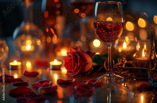 Romantic Valentine's table setting with a glass of wine, a rose, and candles. The table is adorned with rose petals, and candles are lit in the background, creating a warm and inviting atmosphere. 
