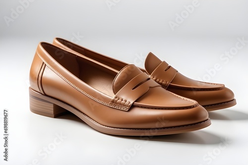 Portrait of a light brown women's casual shoe on a white background, background image, generative AI