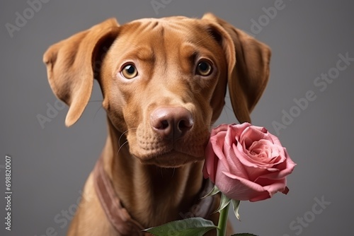 A Portrait of a Dog with One Rose on the Grey Background