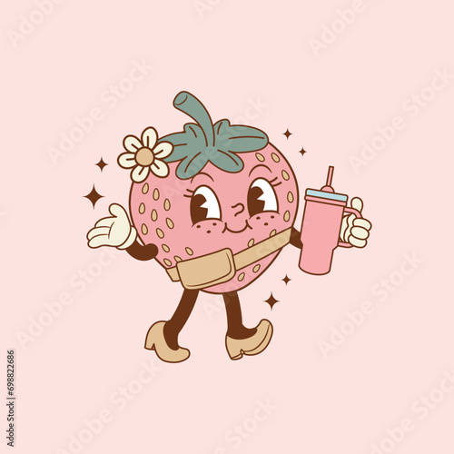 cute retro illustration of strawberry walking with thermos in hand photo