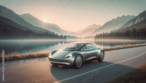 Minimalist electric car in serene landscape: harmony of innovation and tranquility.