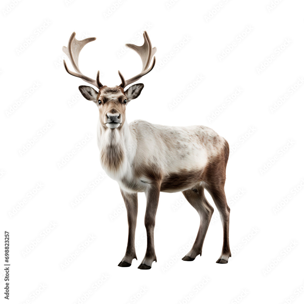 Fototapeta premium Portrait of a reindeer with horns isolated on transparent background