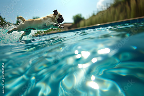"A pug jumping into a pool.