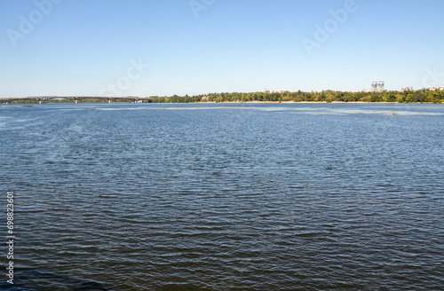 Metro bridge and Dnipro river at sunny day. Kyiv  Ukraine