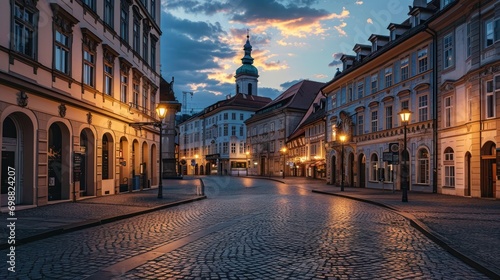 A historic European city square at twilight with cobblestone streets and ancient architecture.