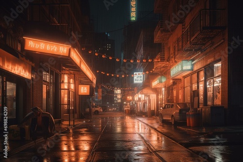 Illustration of street lit by orange neon light. Generative AI
