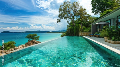 A luxurious infinity pool overlooking a tropical beach with crystal clear water. © Bijac