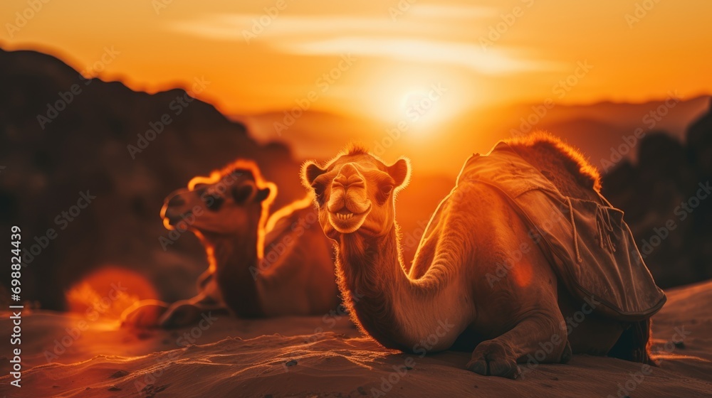 Majestic Camels Resting at the Pyramids of Giza in Egypt - A Timeless Scene Illustrating the Coexistence Between Animals and the Historical Wonders of Ancient Egypt - obrazy, fototapety, plakaty 