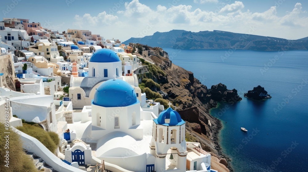 Fototapeta premium A picturesque Greek village with white-washed buildings, blue domes, and sea views.