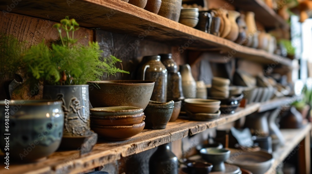Handcrafted pottery and ceramics displayed on shelves. Handcrafted pottery and ceramics displayed on shelves.