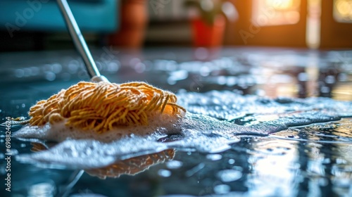 Floor cleaning with mop and cleanser foam.