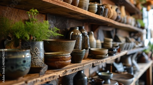 Handcrafted pottery and ceramics displayed on shelves.