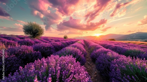 Lavender field at sunset with a picturesque sky.