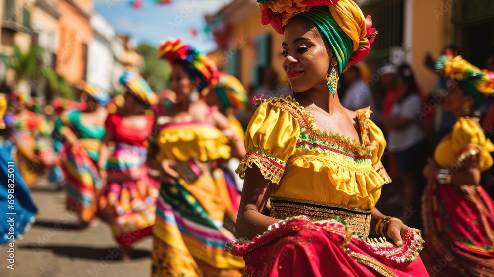 A vibrant street parade with colorful costumes and cultural dances.