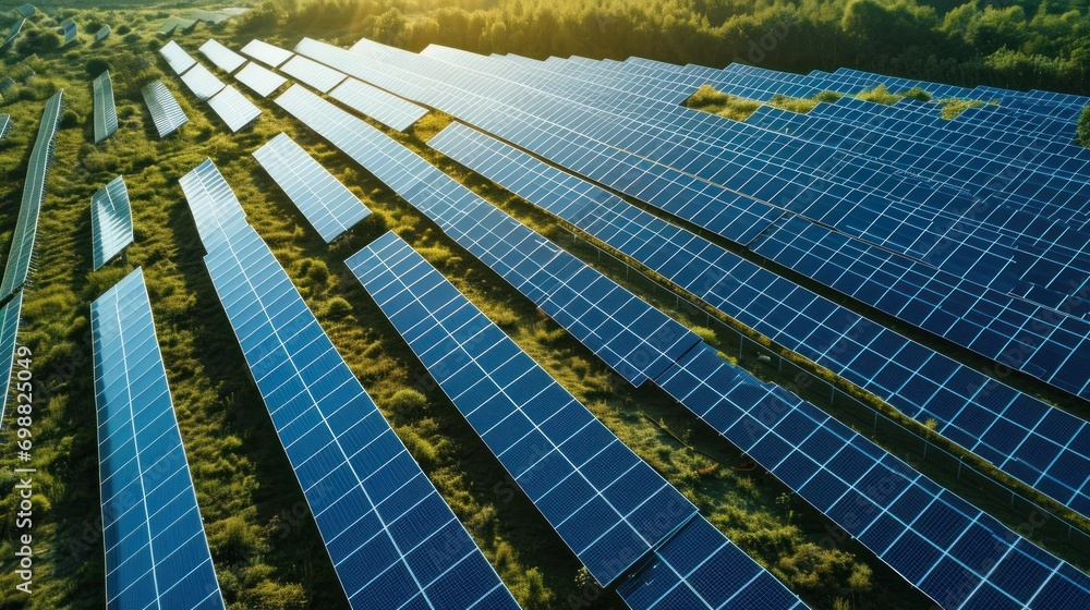 Aerial view of a large solar farm generating renewable energy. Aerial view of a large solar farm generating renewable energy.