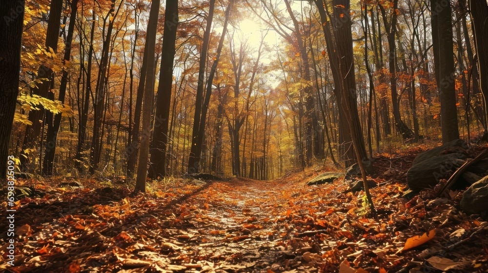 An autumn hike through a forest with a carpet of fallen leaves and crisp air.