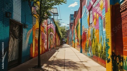 A vibrant mural in a city alleyway representing local history and culture.