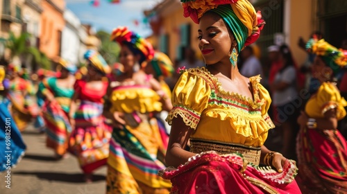 A vibrant street parade with colorful costumes and cultural dances.