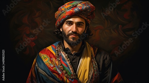 person wearing a Georgian Chokha, showcasing vibrant colors and patterns generative ai photo