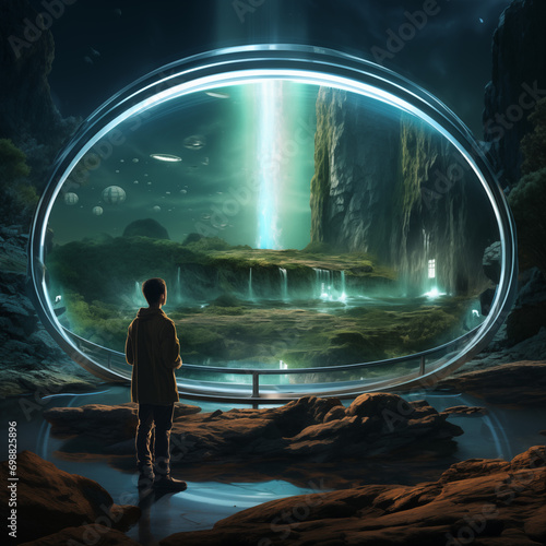  Person standing in front of a futuristic background with  technologically advanced teleport photo