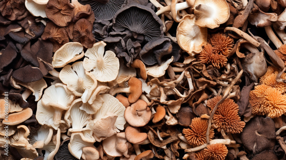 Mixed dried mushroom. Assortment of dried mushrooms. Different species of dry fungi. AI Generative - obrazy, fototapety, plakaty 