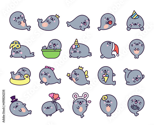 Cute kawaii baby seals. Funny cartoon characters arctic and antarctic animals. Hand drawn style. Vector drawing. Collection of design elements.