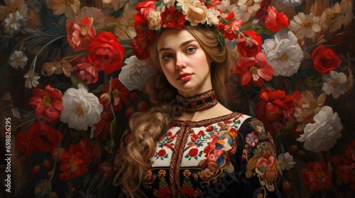 person wearing a traditional Russian Sarafan, showcasing floral patterns generative ai