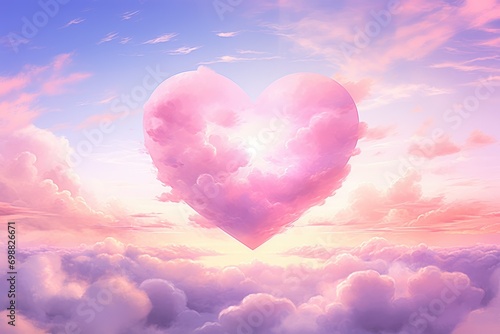 Pink fluffy heart cloud on blue sky. Beautiful romantic love background with copy space. Valentine Day, wedding, mother's day concept. Design for greeting card, flyer, banner, poster © ratatosk