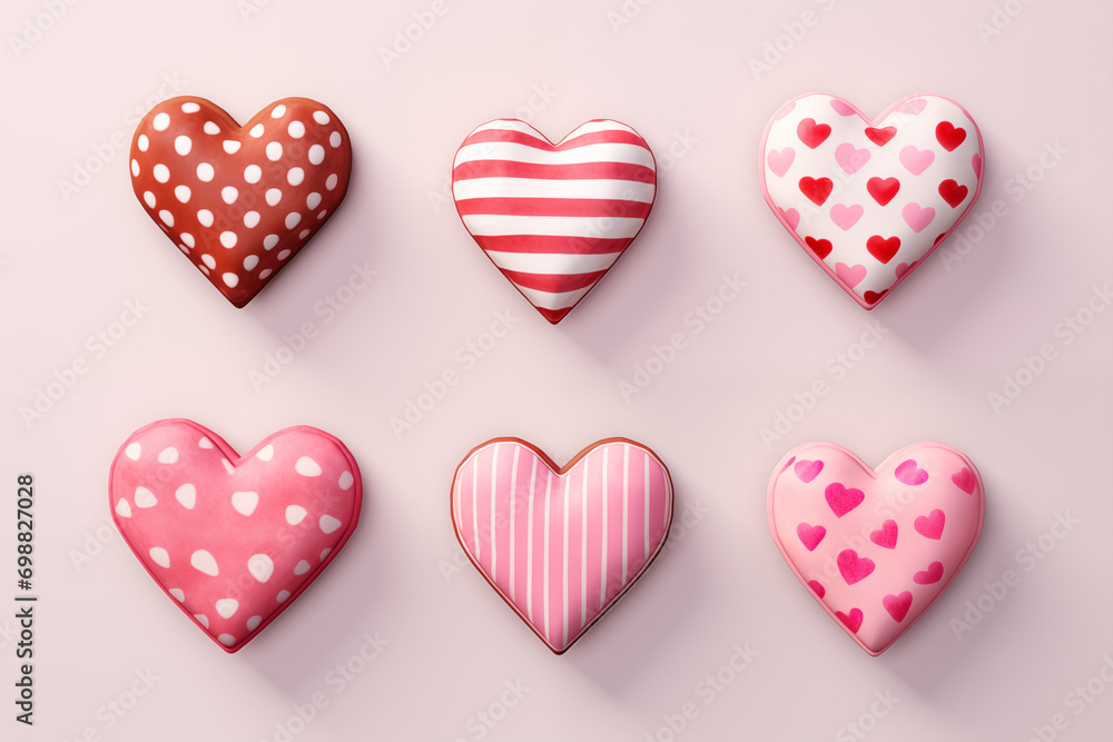 Pattern of homemade valentine cookies on pastel pink background. Gingerbread hearts for Valentine's day. Sugar glazed cookies. Present for holiday, birthday, woman's day