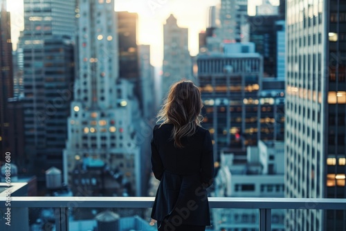 Businesswoman on city rooftop terrace, skyscrapers background