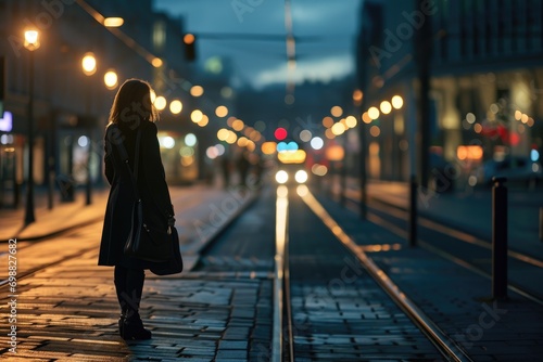 Businesswoman standing by city tram tracks, evening