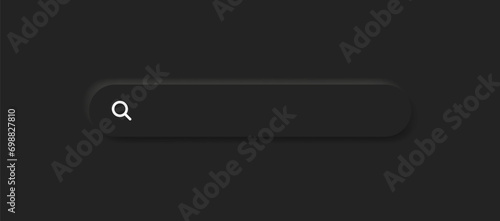 Search bar frame with magnifier icon, search boxes template for web page internet browser in 3d. black neumorphic neumorphism background, 3d modern buttons with shadow. vector illustration
