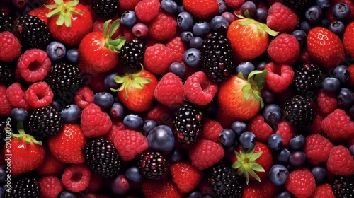 A colorful array of organic berries, including strawberries, blueberries, raspberries, and blackberries.