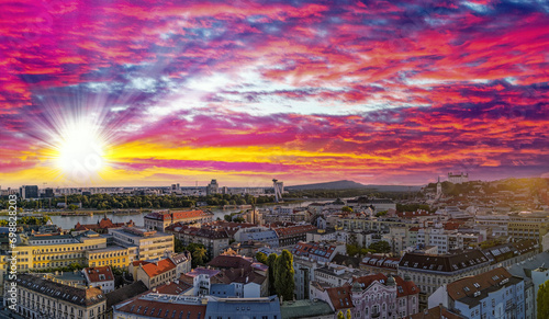 Bratislava, Slovakia. Aerial view of city center at sunset. Panoramic viewpoint from drone