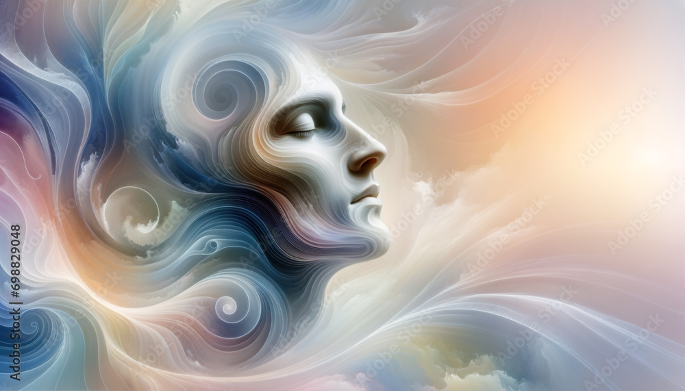 Tranquil face amidst soft pastels and gentle waves Tranquil face amidst soft pastels and gentle waves