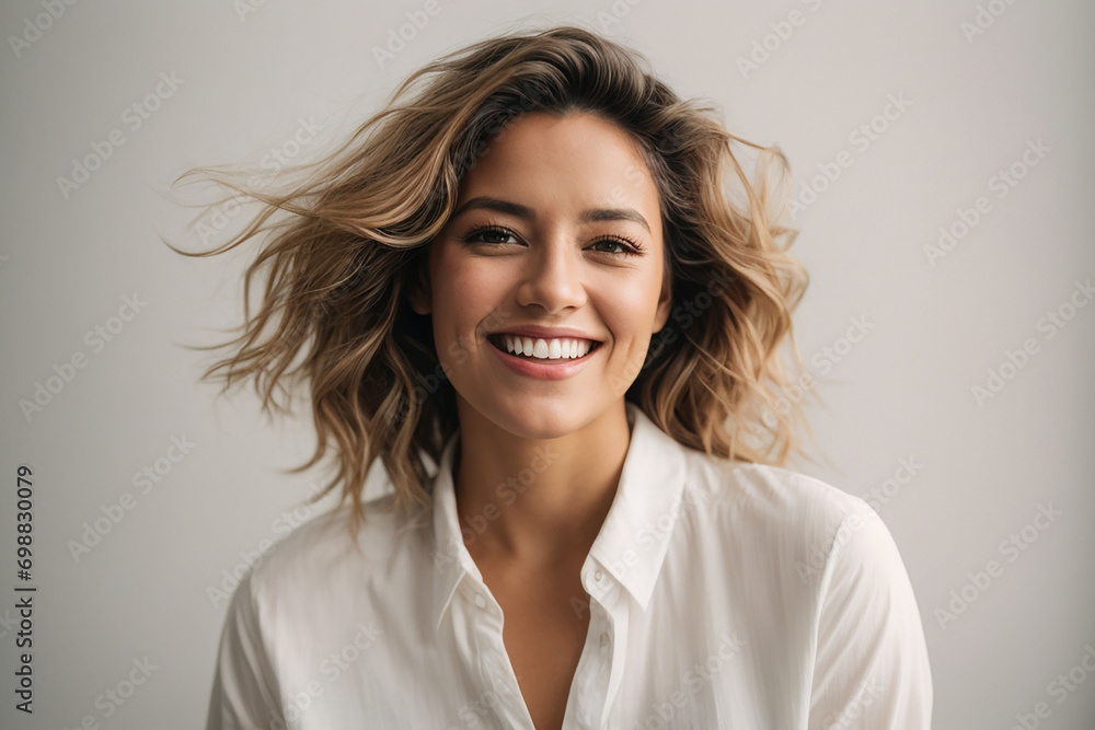 A joyful woman in a white shirt, isolated on a white background