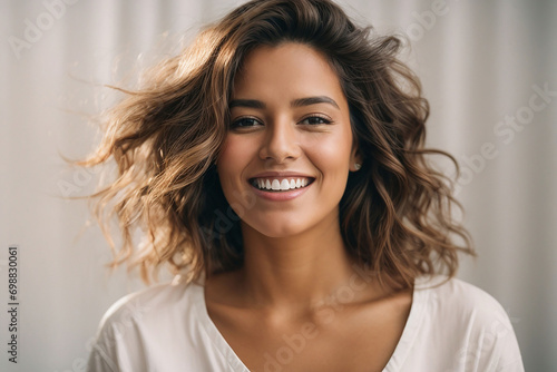 A joyful woman in a white shirt, isolated on a white background