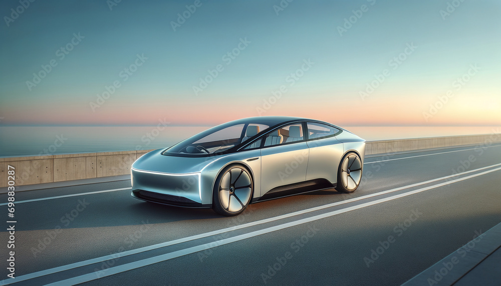 Sleek electric vehicle in serene environment with AI-inspired design.
