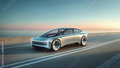 Sleek electric vehicle in serene environment with AI-inspired design. © TechArtTrends