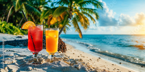 Deux verres de jus avec ou sans alcool dans le sable, sur une plage avec des cocotiers et la mer