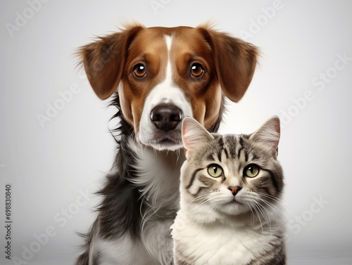 one dog and cat are looking into the camera on a white background